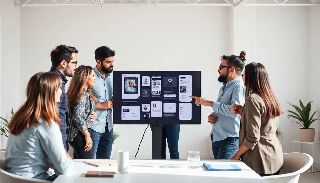 Design team reviewing mobile app mockups during a presentation