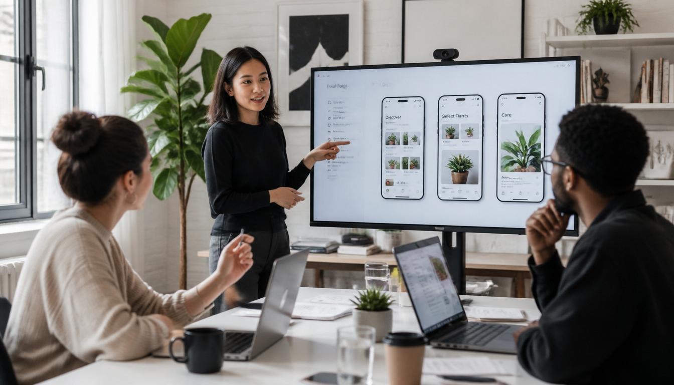 Designers presenting mobile app mockups in a modern studio